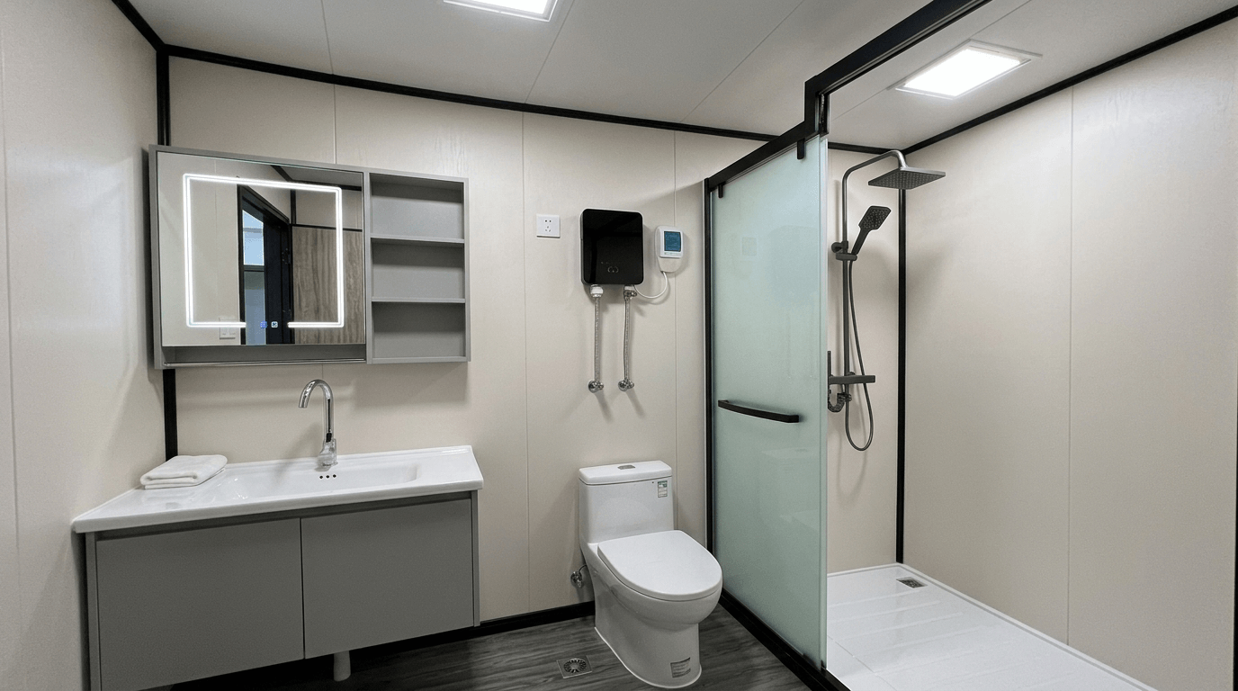Bano de una casa modular Kasas con ducha de vidrio templado