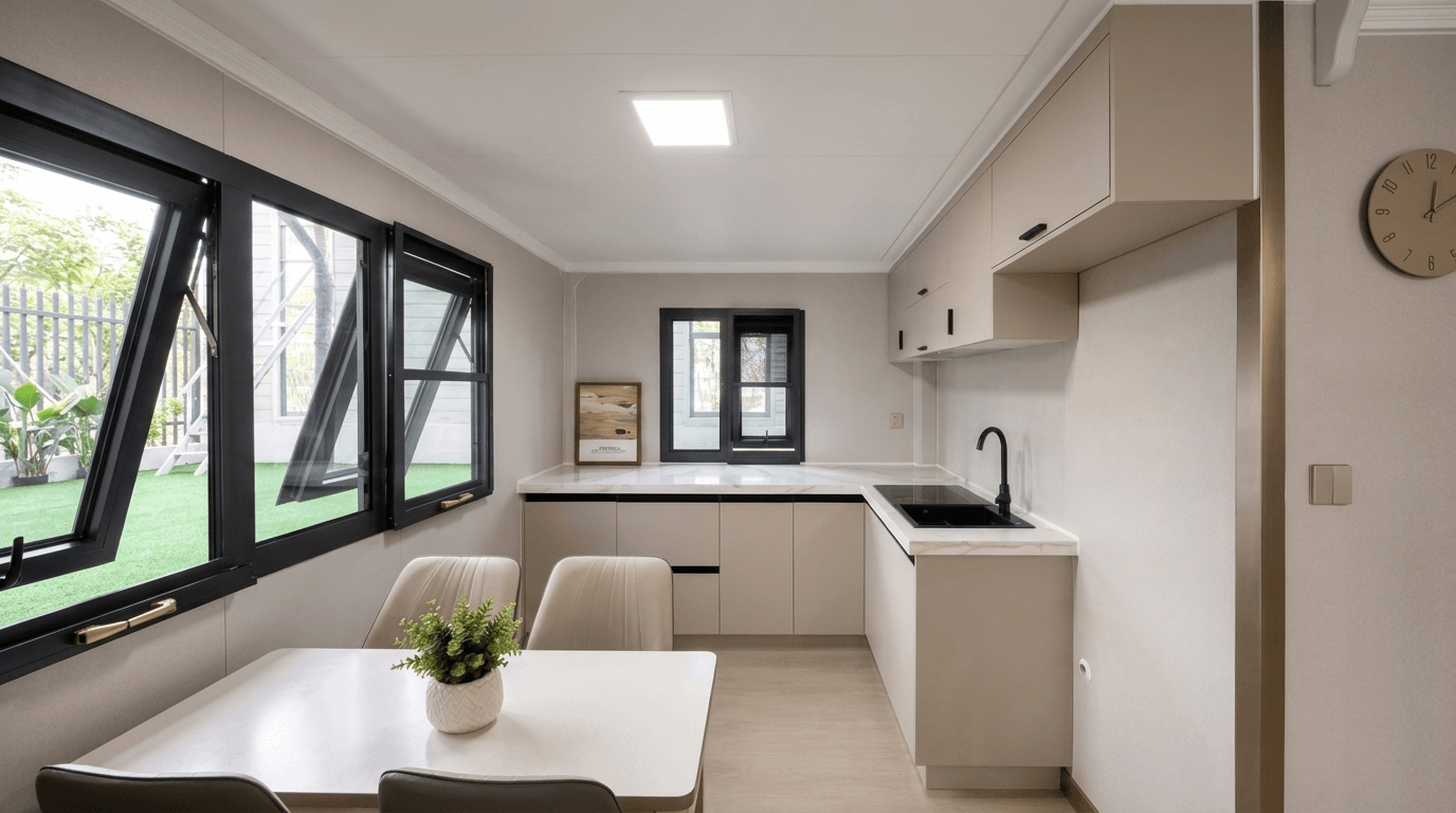 Cocina y comedor de una casa modular Kasas