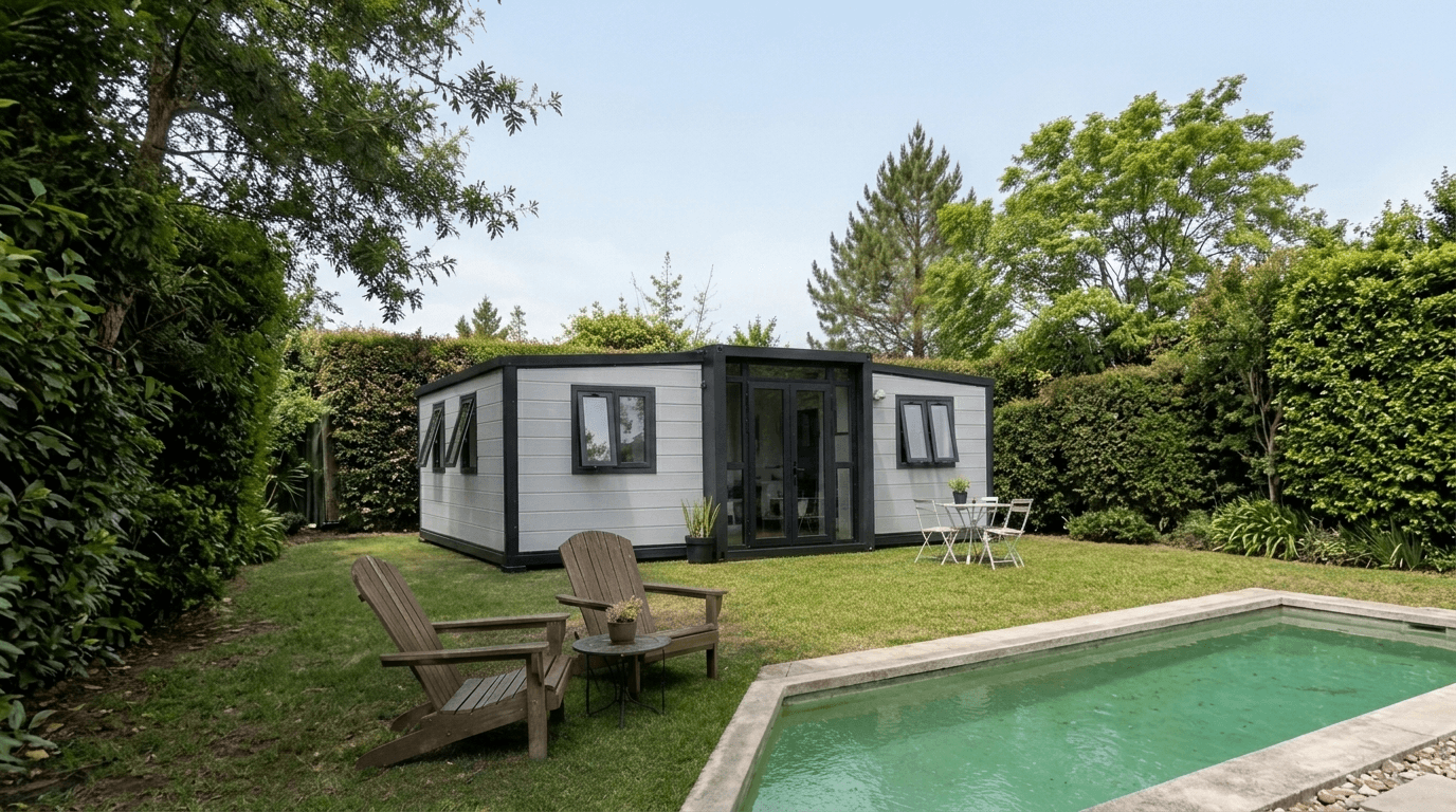 Casa modular Kasas de 37 m2 con deck y pileta en el jardin